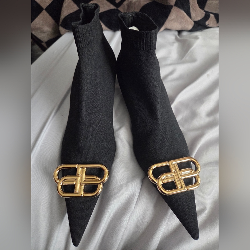 BalenciagaBalenciaga Black Knit Fabric BB Knife Kitten Heel Booties Size 38